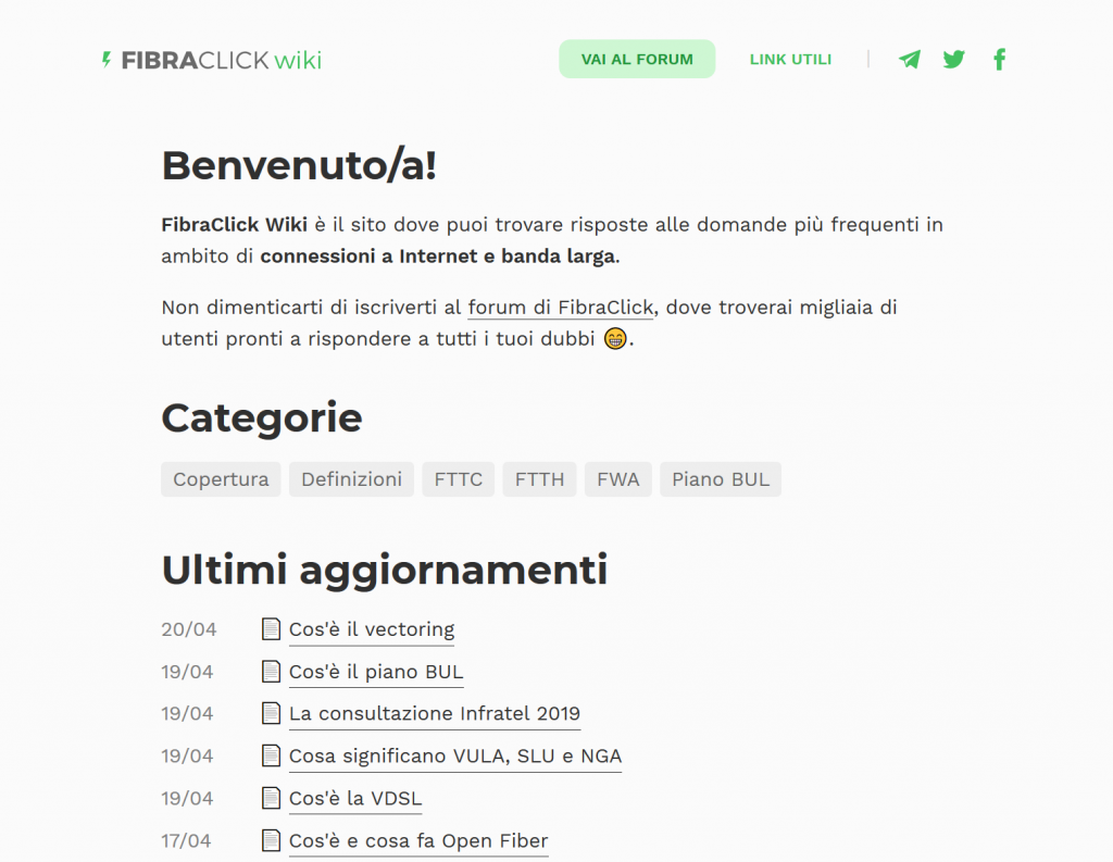 Cattura schermo della prima pagina della wiki di FibraClick